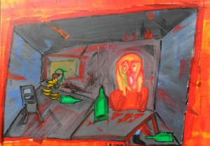 Verzweiflung im Pappkarton 2014 Acryl auf Leinwand 50 cm x 70 cm Inspiriert von Edvard Munch, Der Schrei