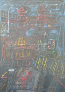 Liebende vor der Stadt 2014 Acryl und Ölkreide auf Leinwand 70 cm x 50 cm Inspieriert von Paul Klee, Kinder vor der Stadt